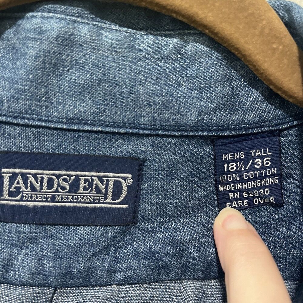 Vintage Lands End Shirt Mens 18.5 36 Tall XXL Blue Denim 100% Cotton Long Sleeve - Picture 3 of 5
